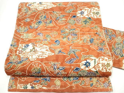 平和屋着物●全通柄　九寸名古屋帯　紬地　型染め　魚　草花文　正絹　逸品　CABG6216hy