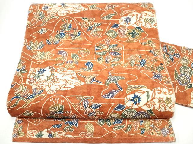 平和屋着物●全通柄　九寸名古屋帯　紬地　型染め　魚　草花文　正絹　逸品　CABG6216hy
