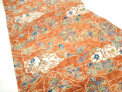 平和屋着物●全通柄　九寸名古屋帯　紬地　型染め　魚　草花文　正絹　逸品　CABG6216hy