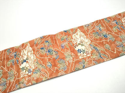 平和屋着物●全通柄　九寸名古屋帯　紬地　型染め　魚　草花文　正絹　逸品　CABG6216hy
