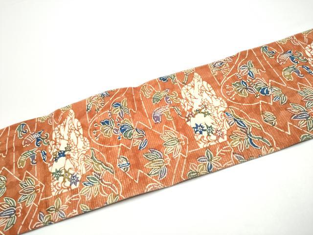 平和屋着物●全通柄　九寸名古屋帯　紬地　型染め　魚　草花文　正絹　逸品　CABG6216hy