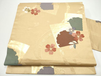 平和屋着物●九寸名古屋帯　唐織　色紙重ね雪輪舞桜文　金糸　正絹　逸品　CABG6218hy