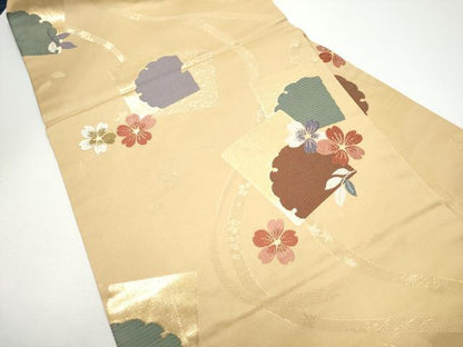 平和屋着物●九寸名古屋帯　唐織　色紙重ね雪輪舞桜文　金糸　正絹　逸品　CABG6218hy