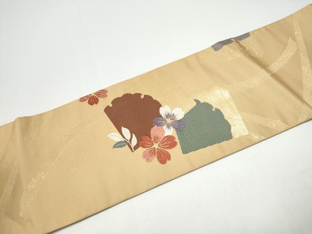 平和屋着物●九寸名古屋帯　唐織　色紙重ね雪輪舞桜文　金糸　正絹　逸品　CABG6218hy