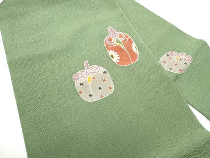 平和屋着物●九寸名古屋帯　型染め　仕覆花文　鬼しぼ縮緬　正絹　逸品　CABG6221hy