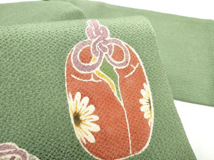 平和屋着物●九寸名古屋帯　型染め　仕覆花文　鬼しぼ縮緬　正絹　逸品　CABG6221hy