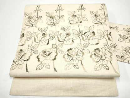 平和屋着物●九寸名古屋帯　紬地　総刺繍　枝花文　正絹　逸品　CABG6238hy