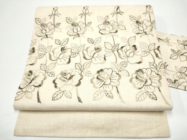 平和屋着物●九寸名古屋帯　紬地　総刺繍　枝花文　正絹　逸品　CABG6238hy