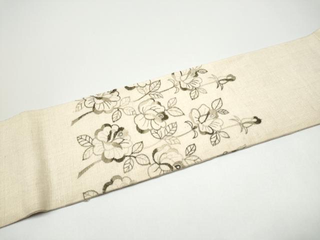 平和屋着物●九寸名古屋帯　紬地　総刺繍　枝花文　正絹　逸品　CABG6238hy