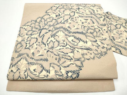 平和屋着物●九寸名古屋帯　型染め　花喰鳥　鬼しぼ縮緬　正絹　逸品　CABG6239hy