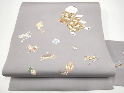 平和屋着物●塩瀬　九寸名古屋帯　唐子　宝尽くし文　金彩　正絹　逸品　CABG6244hy