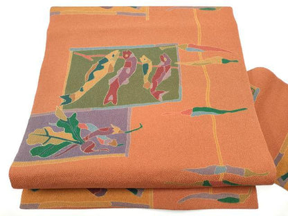 平和屋着物●九寸名古屋帯　型染め　魚　成物　鬼しぼ縮緬　正絹　逸品　CABG6252hy