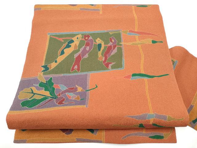 平和屋着物●九寸名古屋帯　型染め　魚　成物　鬼しぼ縮緬　正絹　逸品　CABG6252hy