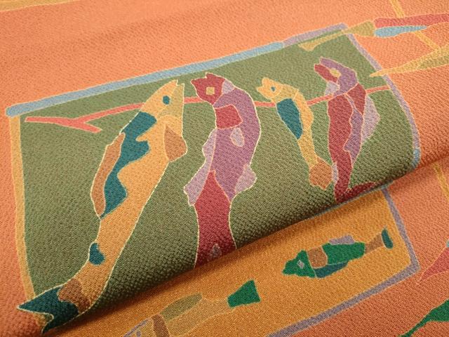 平和屋着物●九寸名古屋帯　型染め　魚　成物　鬼しぼ縮緬　正絹　逸品　CABG6252hy