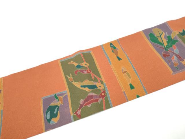 平和屋着物●九寸名古屋帯　型染め　魚　成物　鬼しぼ縮緬　正絹　逸品　CABG6252hy