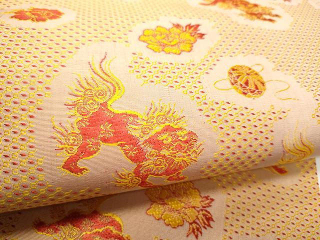 平和屋着物●アンティーク　大正ロマン　全通柄　九寸名古屋帯　唐獅子　花丸文　金糸　正絹　逸品　CABG6261hy