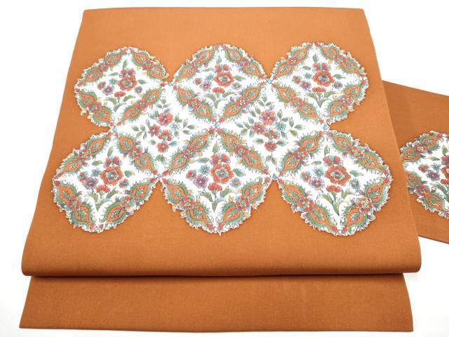 平和屋着物●塩瀬　九寸名古屋帯　型染め　七宝花文　金彩　正絹　逸品　CABG6263hy