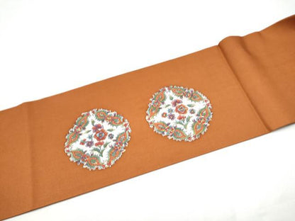 平和屋着物●塩瀬　九寸名古屋帯　型染め　七宝花文　金彩　正絹　逸品　CABG6263hy