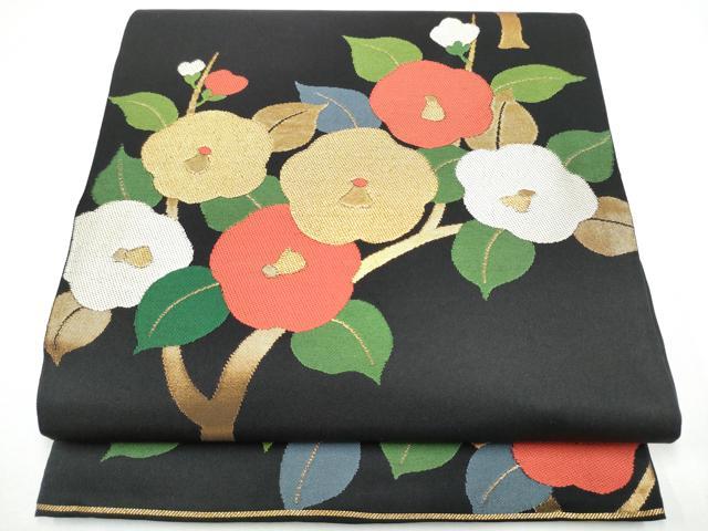 平和屋着物●全通柄　本袋帯　枝椿　黒地　金糸　正絹　逸品　CABG6282hy