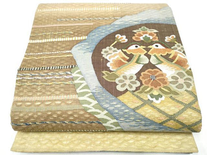 平和屋着物▽太鼓柄袋帯　スリーシーズン　春夏秋　すくい織　鴛鴦花文　金糸　正絹　逸品　CABG6289hy