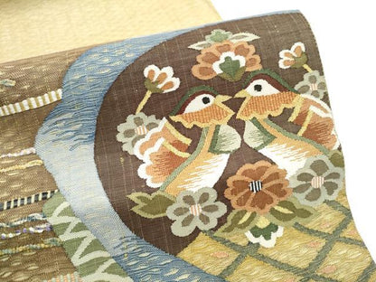 平和屋着物▽太鼓柄袋帯　スリーシーズン　春夏秋　すくい織　鴛鴦花文　金糸　正絹　逸品　CABG6289hy