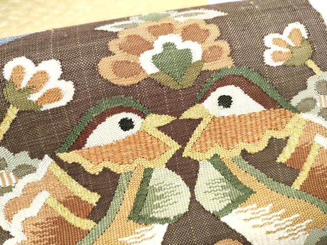 平和屋着物▽太鼓柄袋帯　スリーシーズン　春夏秋　すくい織　鴛鴦花文　金糸　正絹　逸品　CABG6289hy