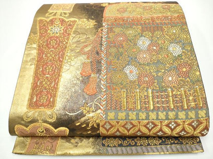 平和屋着物●六通柄袋帯　唐織　幾何学花文　金糸　正絹　逸品　CABG6293hy