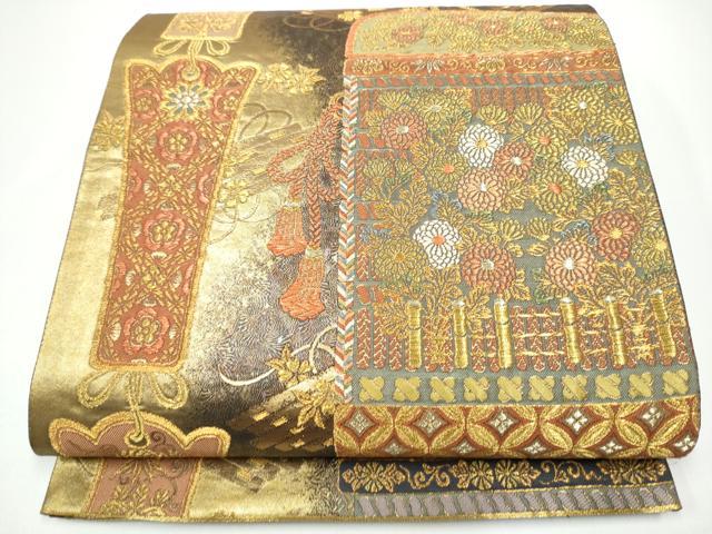 平和屋着物●六通柄袋帯　唐織　幾何学花文　金糸　正絹　逸品　CABG6293hy