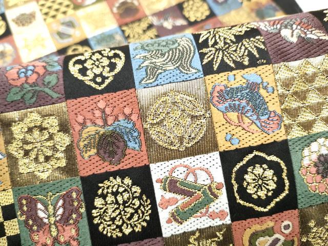 平和屋着物●六通柄袋帯　唐織　慶長市松宝尽くし　黒地　金糸　正絹　逸品　CABG6296hy