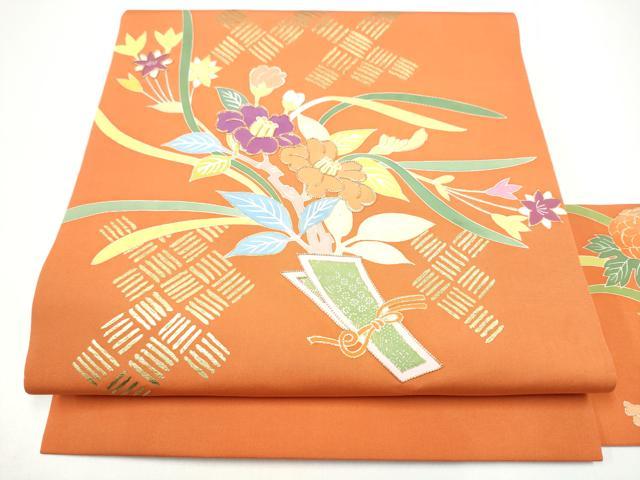平和屋着物●塩瀬　九寸名古屋帯　駒刺繍　枝花文　金彩　松坂屋染織名作展　たとう紙付き　正絹　逸品　CABG6305hy