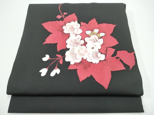 平和屋着物●塩瀬　九寸開き名古屋帯　ろうけつ染　舞花文　黒地　金糸　正絹　逸品　CABG6318hy