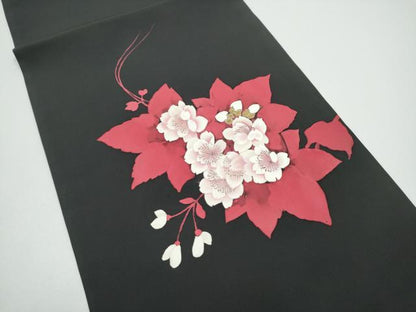 平和屋着物●塩瀬　九寸開き名古屋帯　ろうけつ染　舞花文　黒地　金糸　正絹　逸品　CABG6318hy