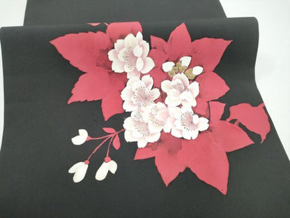 平和屋着物●塩瀬　九寸開き名古屋帯　ろうけつ染　舞花文　黒地　金糸　正絹　逸品　CABG6318hy