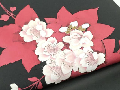 平和屋着物●塩瀬　九寸開き名古屋帯　ろうけつ染　舞花文　黒地　金糸　正絹　逸品　CABG6318hy