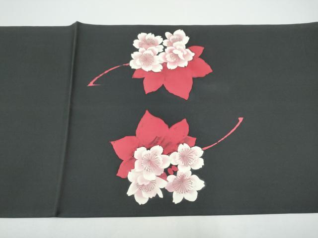 平和屋着物●塩瀬　九寸開き名古屋帯　ろうけつ染　舞花文　黒地　金糸　正絹　逸品　CABG6318hy