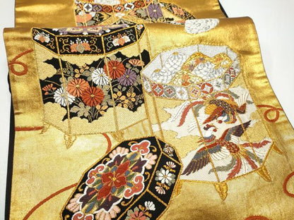 平和屋着物●唐織・西陣の老舗・名門・藤原織物　六通柄袋帯　貝桶鳳凰花文　黒地　金銀糸　正絹　逸品　CABG6361hy