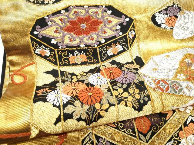 平和屋着物●唐織・西陣の老舗・名門・藤原織物　六通柄袋帯　貝桶鳳凰花文　黒地　金銀糸　正絹　逸品　CABG6361hy
