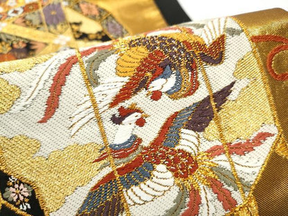 平和屋着物●唐織・西陣の老舗・名門・藤原織物　六通柄袋帯　貝桶鳳凰花文　黒地　金銀糸　正絹　逸品　CABG6361hy