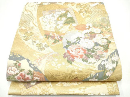 平和屋着物●両面　両方向　六通柄袋帯　唐織　四季草花絵巻　道長取菊花文　金糸　正絹　逸品　CABG6366hy