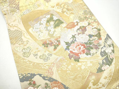 平和屋着物●両面　両方向　六通柄袋帯　唐織　四季草花絵巻　道長取菊花文　金糸　正絹　逸品　CABG6366hy