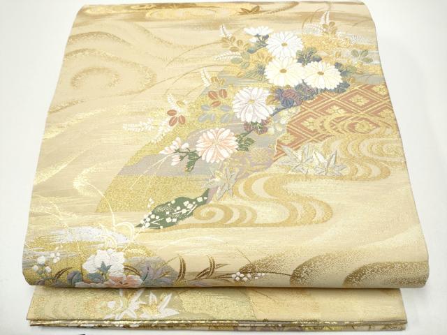 平和屋着物●両面　両方向　六通柄袋帯　唐織　四季草花絵巻　道長取菊花文　金糸　正絹　逸品　CABG6366hy