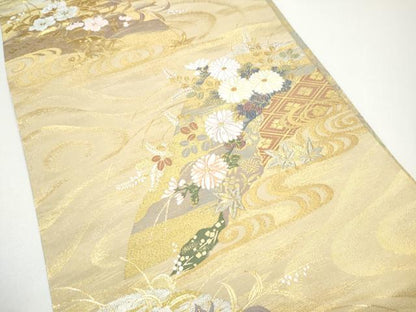 平和屋着物●両面　両方向　六通柄袋帯　唐織　四季草花絵巻　道長取菊花文　金糸　正絹　逸品　CABG6366hy