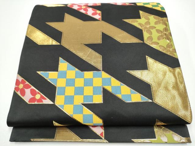平和屋着物●六通柄袋帯　幾何学花文　黒地　金糸　正絹　逸品　CABG6371hy
