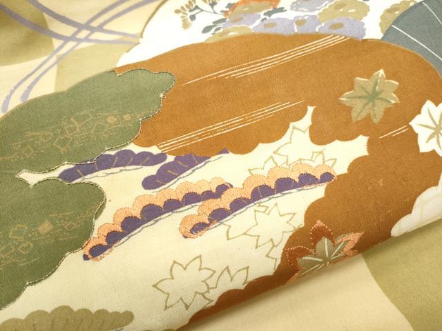 平和屋着物●アンティーク　大正ロマン　九寸名古屋帯　刺繍　扇面草花文　正絹　逸品　CABG6390hy