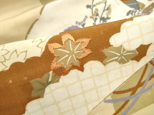 平和屋着物●アンティーク　大正ロマン　九寸名古屋帯　刺繍　扇面草花文　正絹　逸品　CABG6390hy