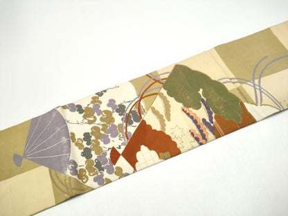 平和屋着物●アンティーク　大正ロマン　九寸名古屋帯　刺繍　扇面草花文　正絹　逸品　CABG6390hy