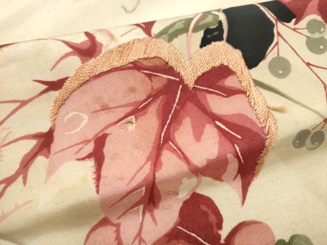 平和屋着物●アンティーク　大正ロマン　九寸名古屋帯　刺繍　葡萄蔦の葉文　正絹　逸品　CABG6396hy