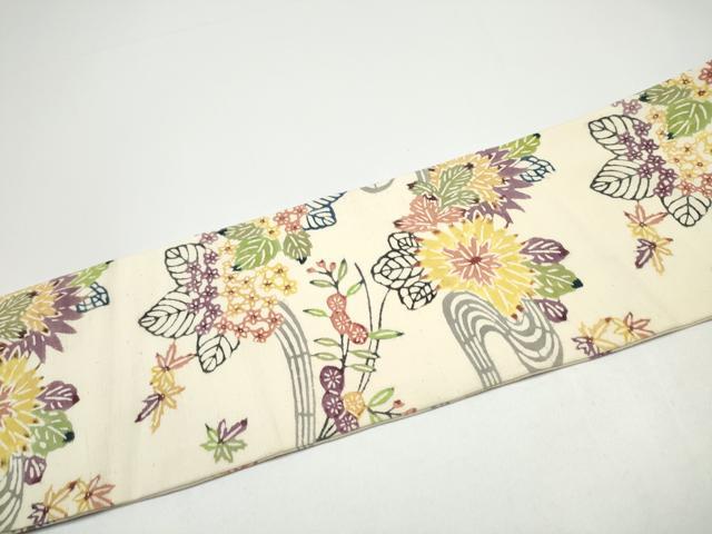 平和屋着物●九寸名古屋帯　紬地　型染め　流水草花文　正絹　逸品　CABG6397hy