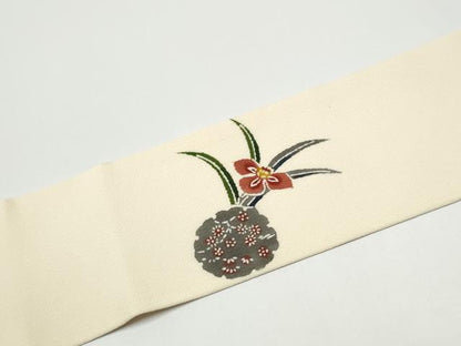 平和屋着物●人間国宝 芹沢圭介一番弟子　下平清人　九寸名古屋帯　型染め　雪輪花文　鬼しぼ縮緬　正絹　逸品　CABG6399hy