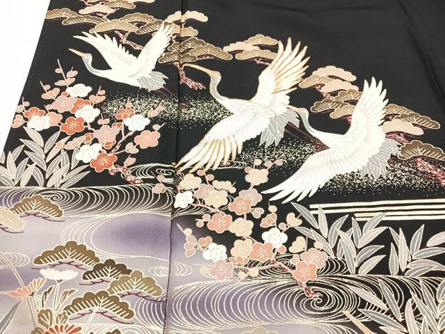平和屋着物■豪華黒留袖　飛鶴松梅文　暈し染め　金彩　正絹　逸品　CABG6430xe